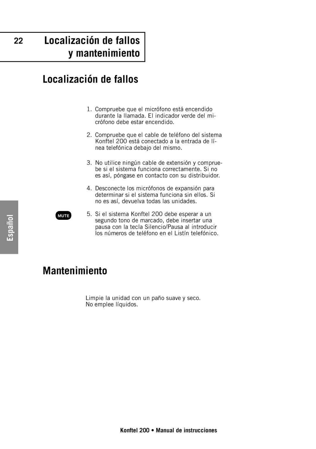 Konftel 200 manual Localización de fallos, Mantenimiento 