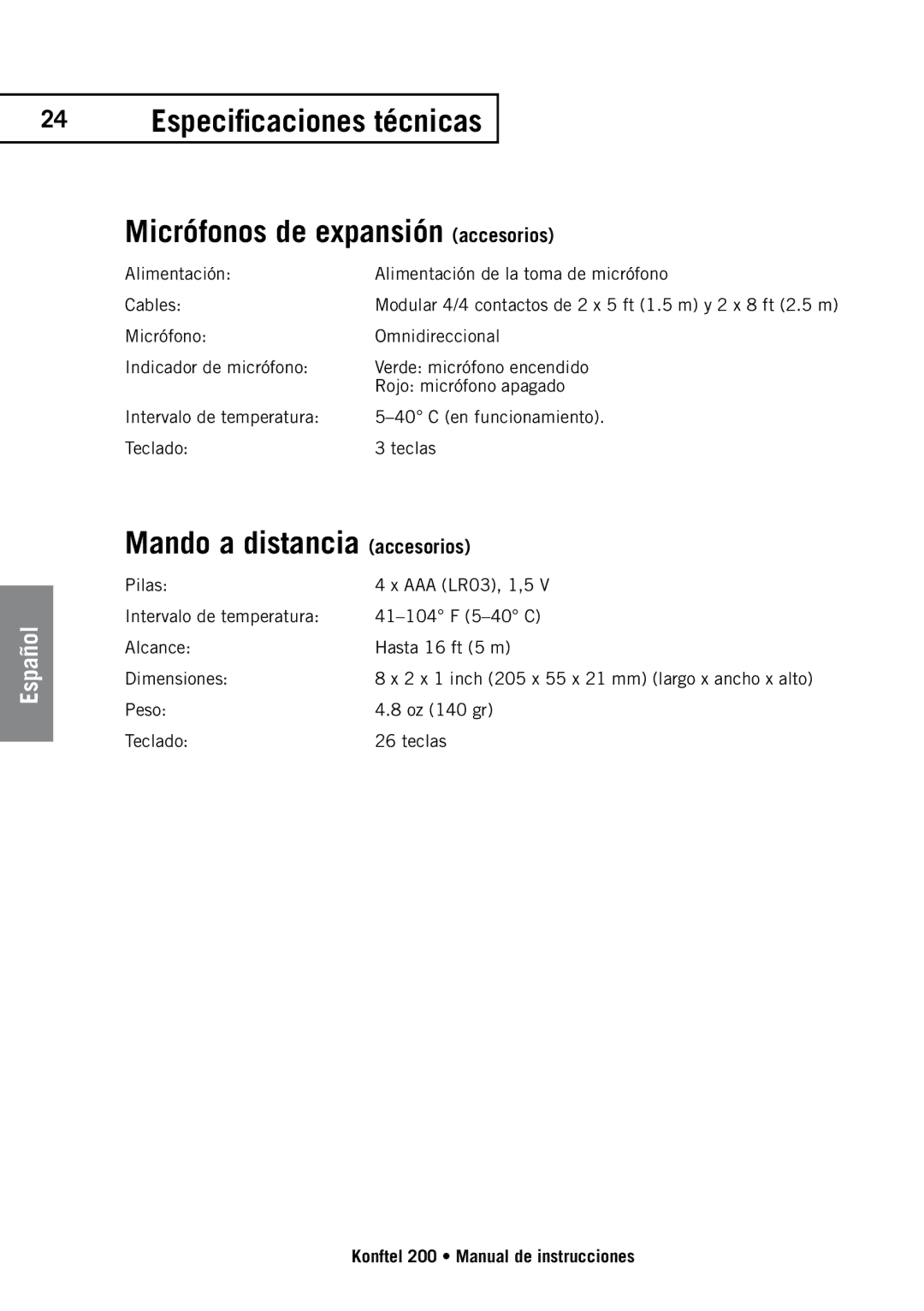 Konftel 200 manual Especificaciones técnicas Micrófonos de expansión accesorios, Mando a distancia accesorios 