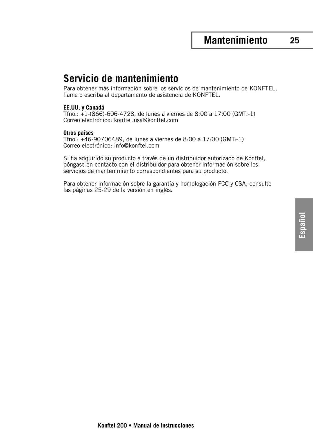 Konftel 200 manual Mantenimiento Servicio de mantenimiento, EE.UU. y Canadá, Otros países 