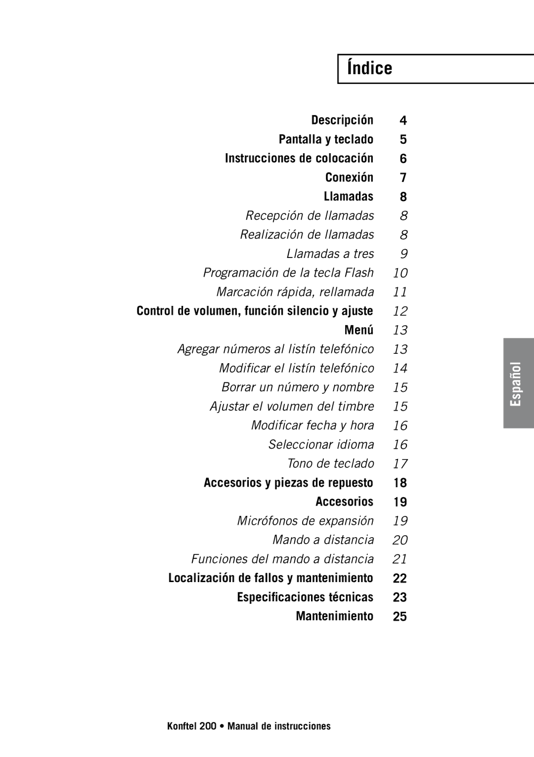 Konftel 200 manual Índice, Menú 