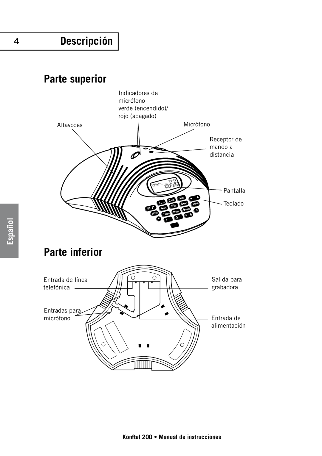 Konftel 200 manual Descripción Parte superior, Parte inferior 