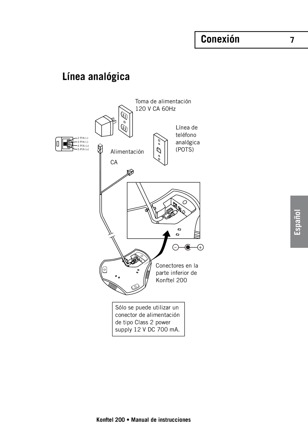 Konftel 200 manual Conexión7 Línea analógica 