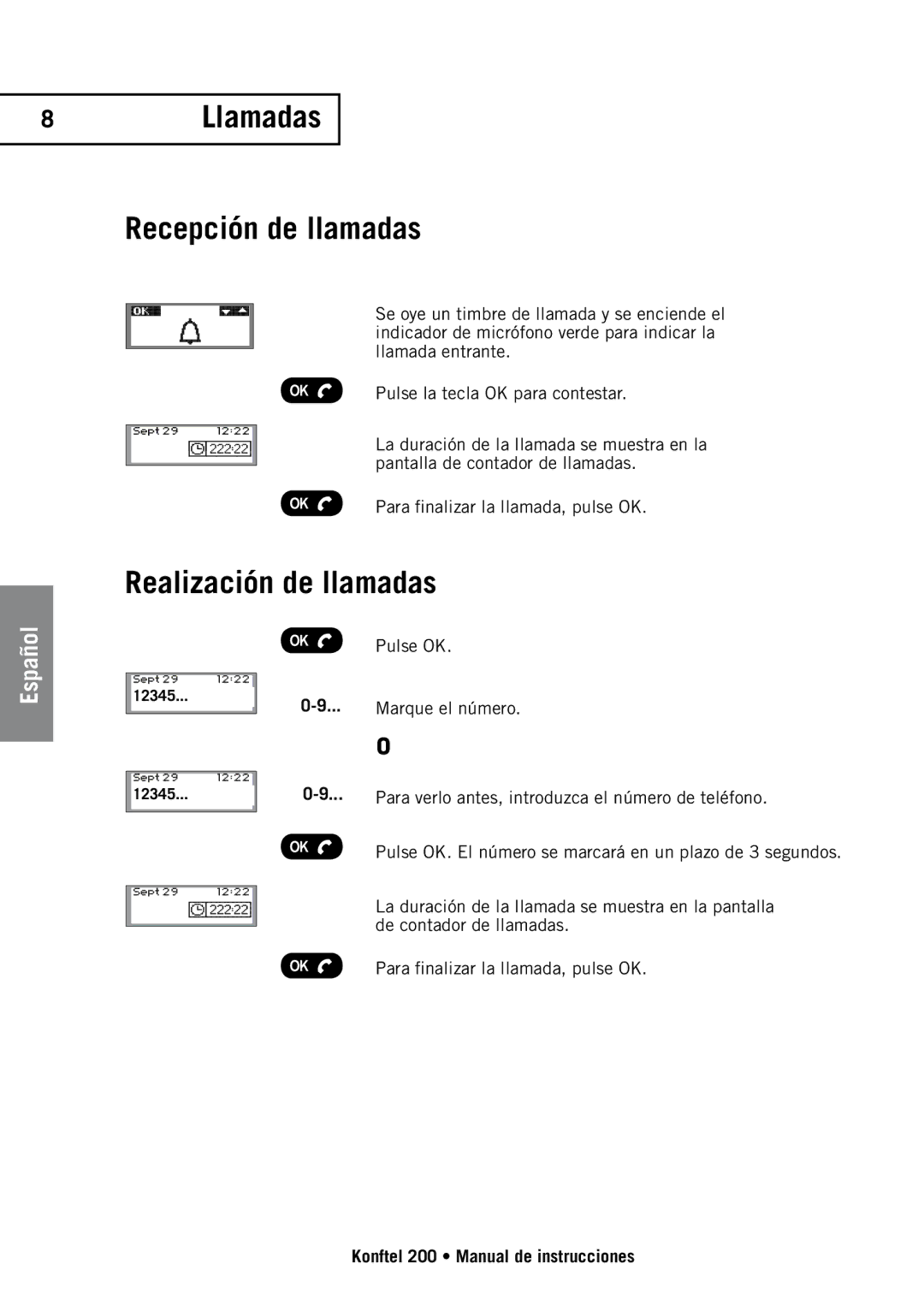 Konftel 200 manual 8Llamadas Recepción de llamadas, Realización de llamadas 