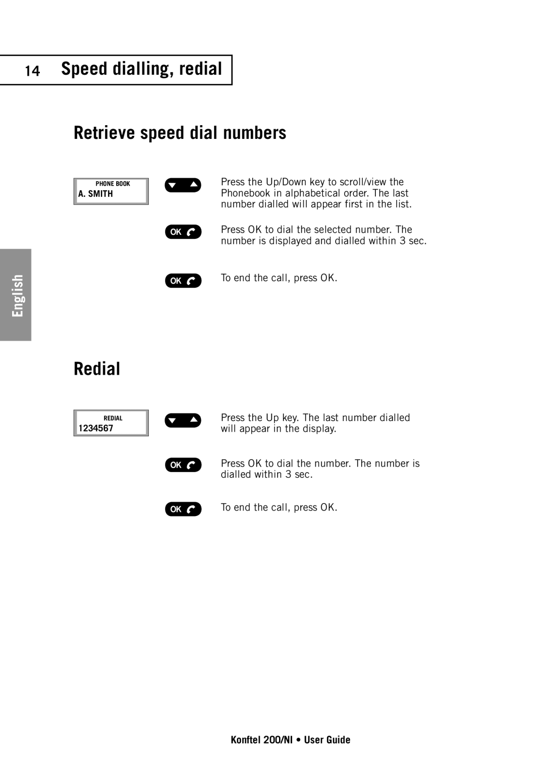 Konftel 200/NI manual Speed dialling, redial Retrieve speed dial numbers, Redial 