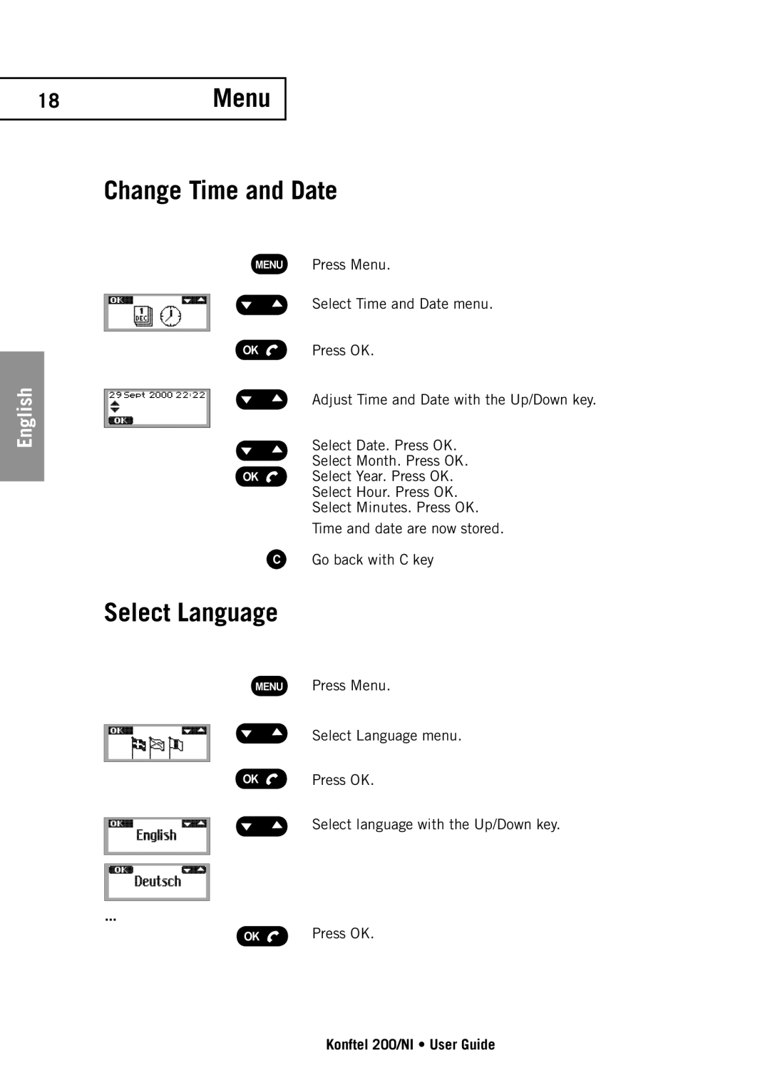 Konftel 200/NI manual Menu Change Time and Date, Select Language 