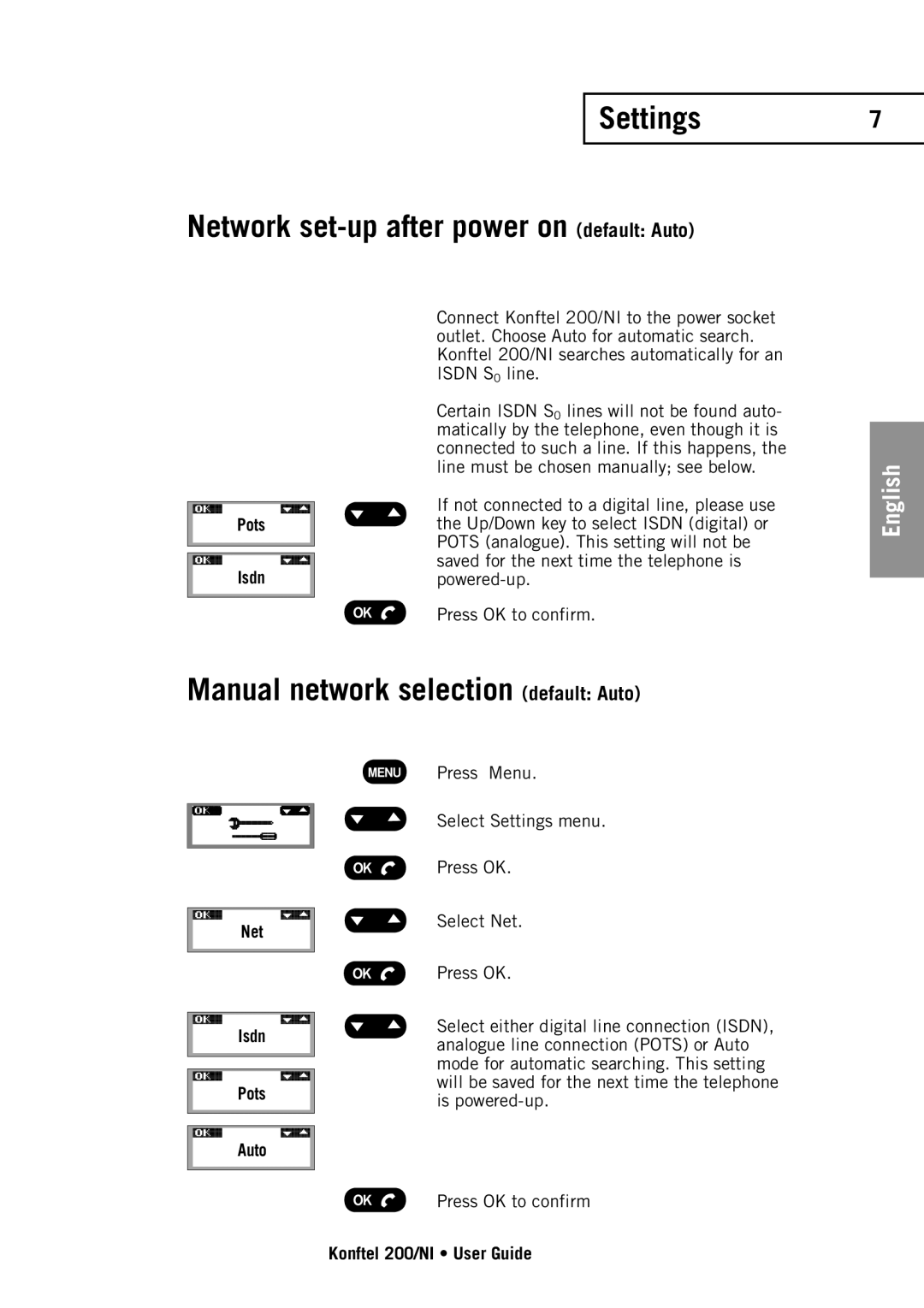 Konftel 200/NI manual Settings7 Network set-up after power on default Auto, Manual network selection default Auto 