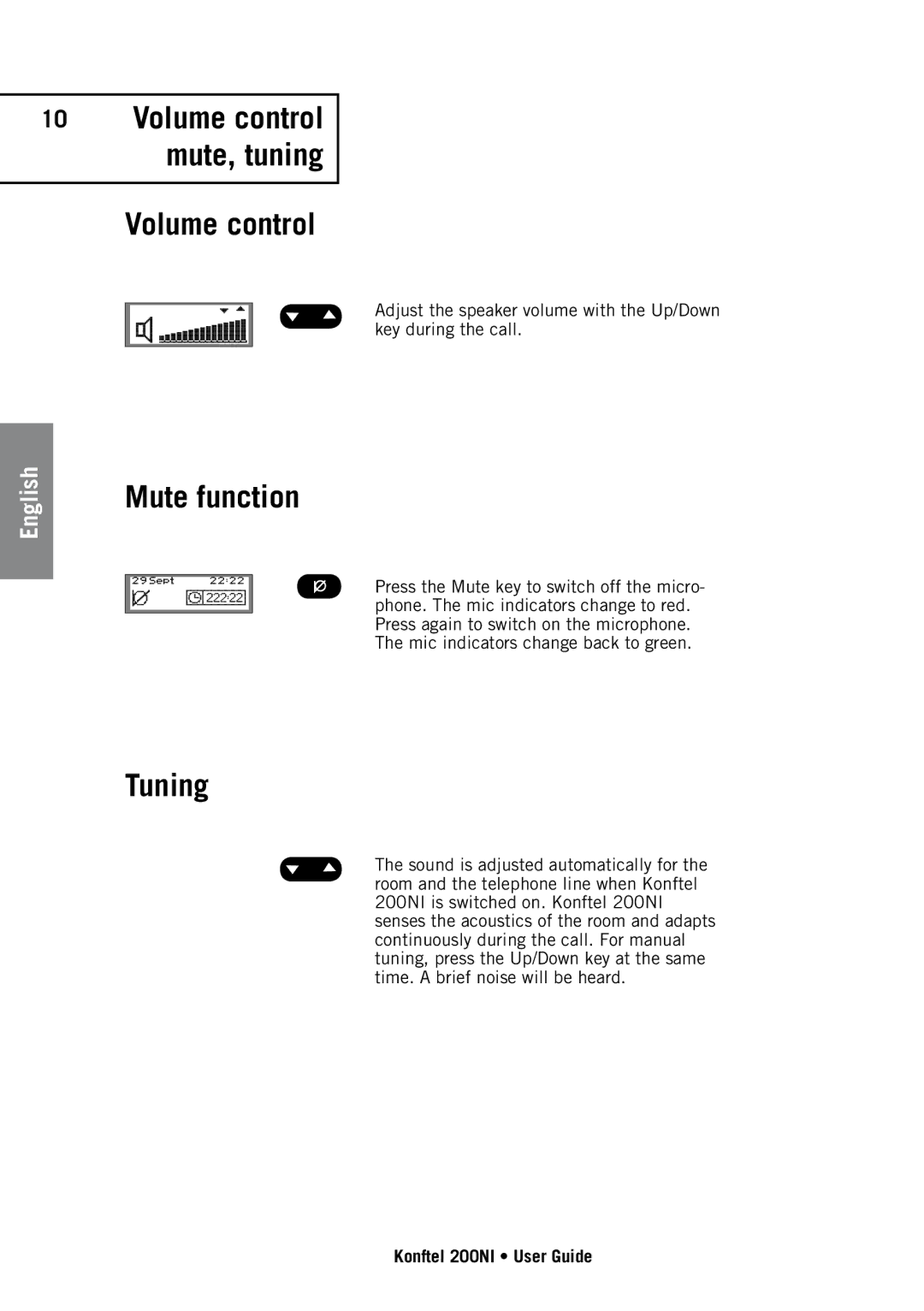 Konftel 200NI manual Volume control, Mute function, Tuning 