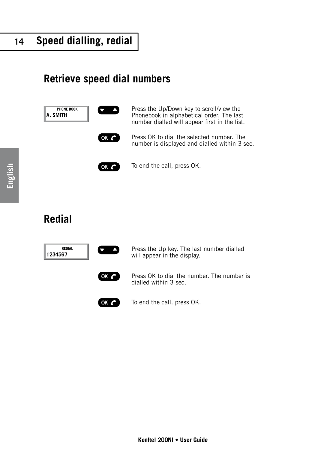 Konftel 200NI manual Speed dialling, redial Retrieve speed dial numbers, Redial 