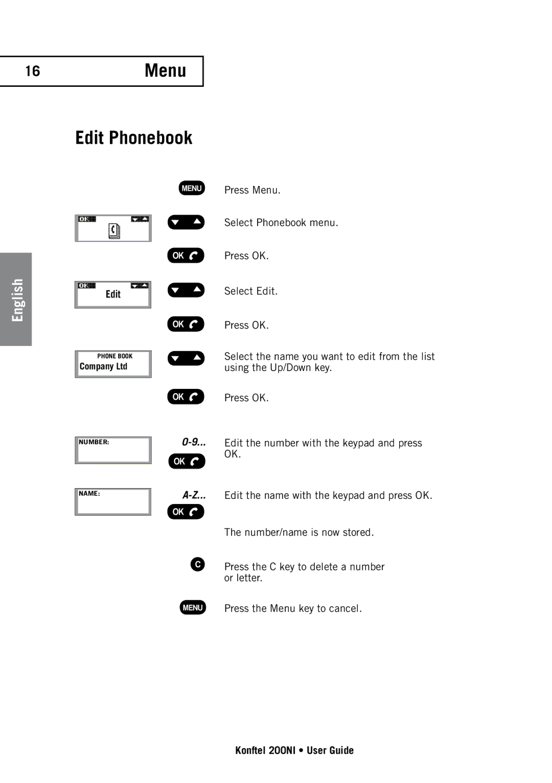 Konftel 200NI manual Menu Edit Phonebook, Edit Select Edit 