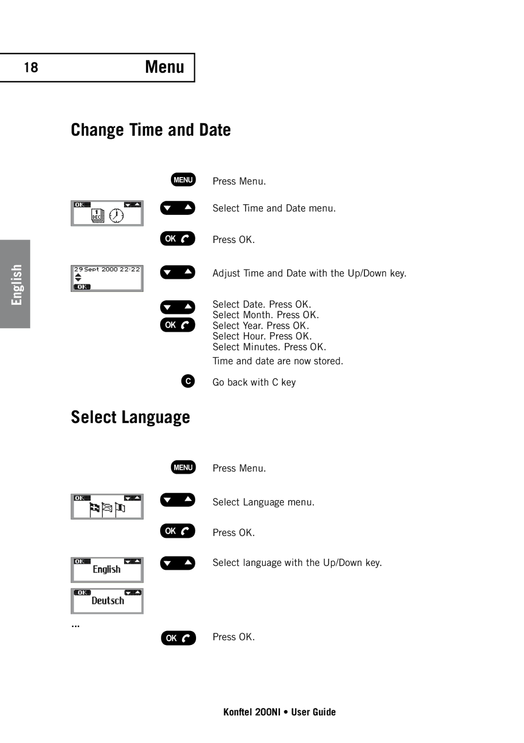 Konftel 200NI manual 18Menu Change Time and Date, Select Language 