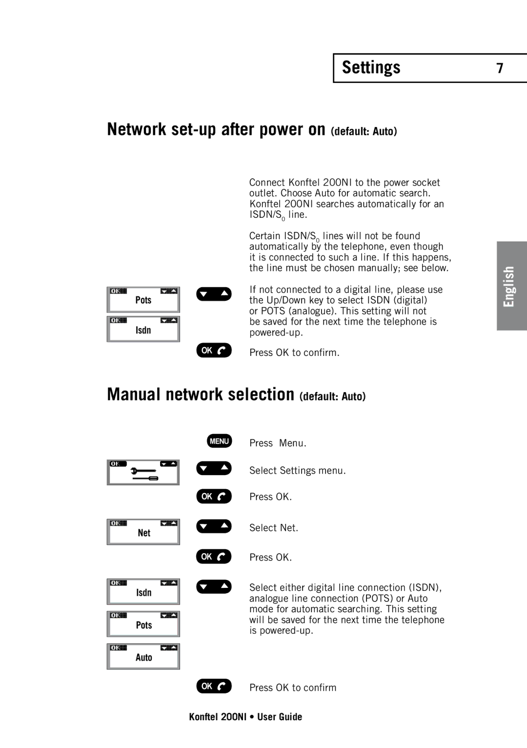 Konftel 200NI manual Settings Network set-up after power on default Auto, Manual network selection default Auto 