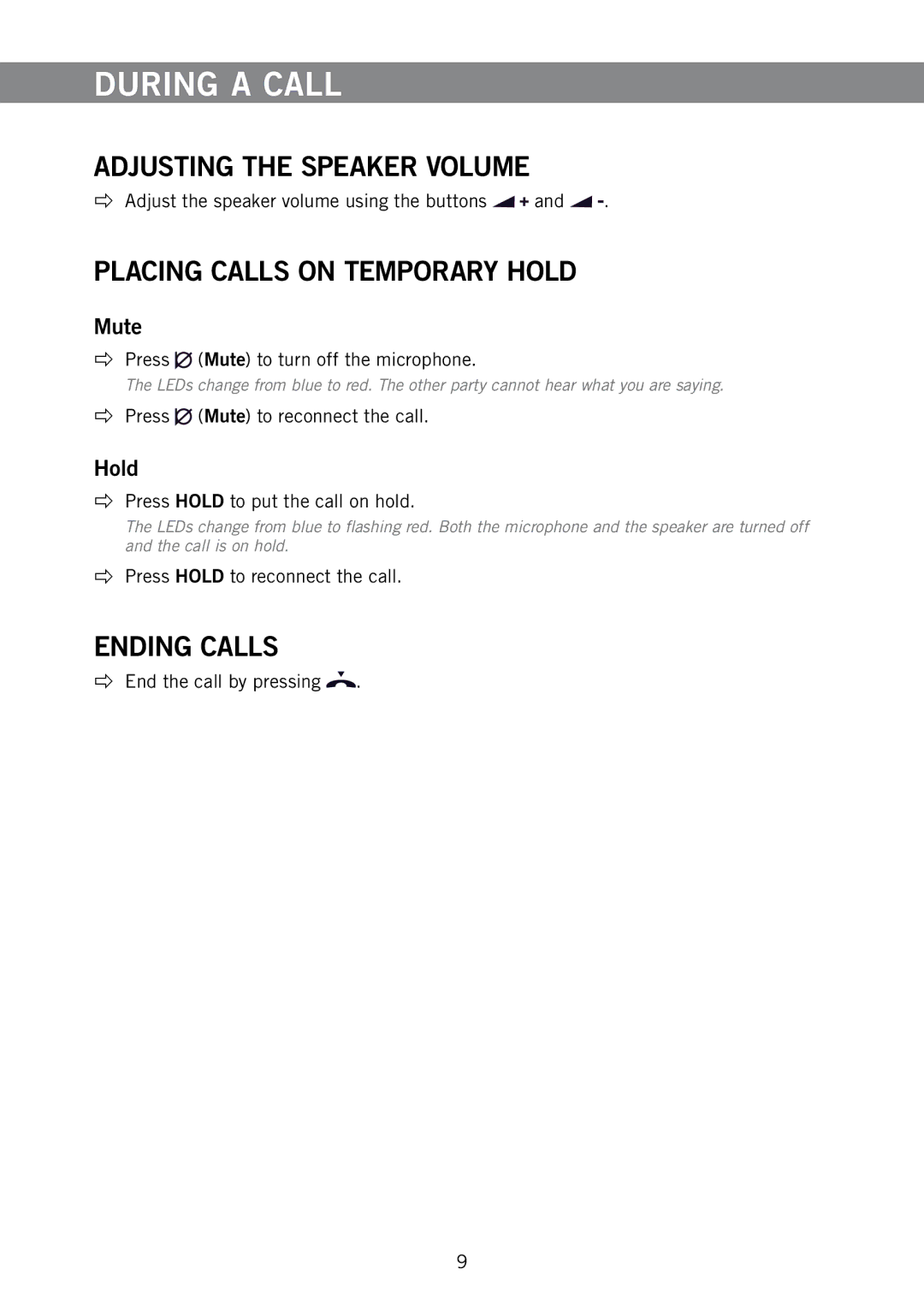 Konftel 250 manual During a Call, Adjusting the Speaker Volume, Placing Calls on Temporary Hold, Mute 