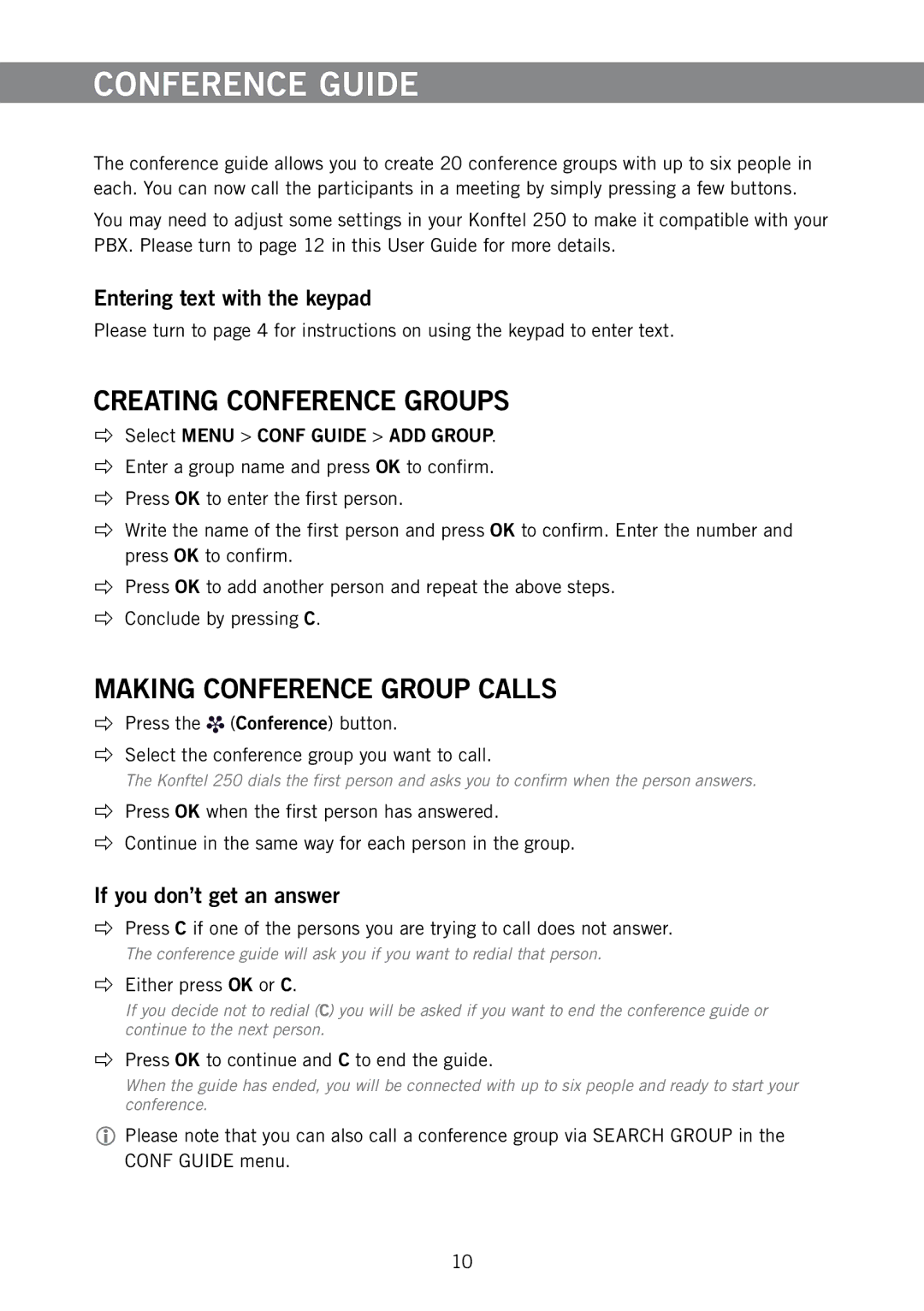 Konftel 250 Conference Guide, Creating Conference Groups, Making Conference Group Calls, Entering text with the keypad 