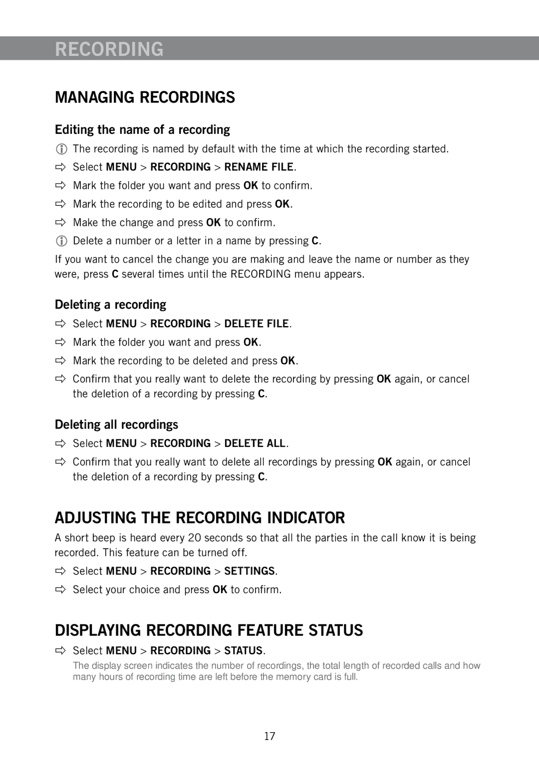 Konftel 250 manual Managing Recordings, Adjusting the Recording Indicator, Displaying Recording Feature Status 