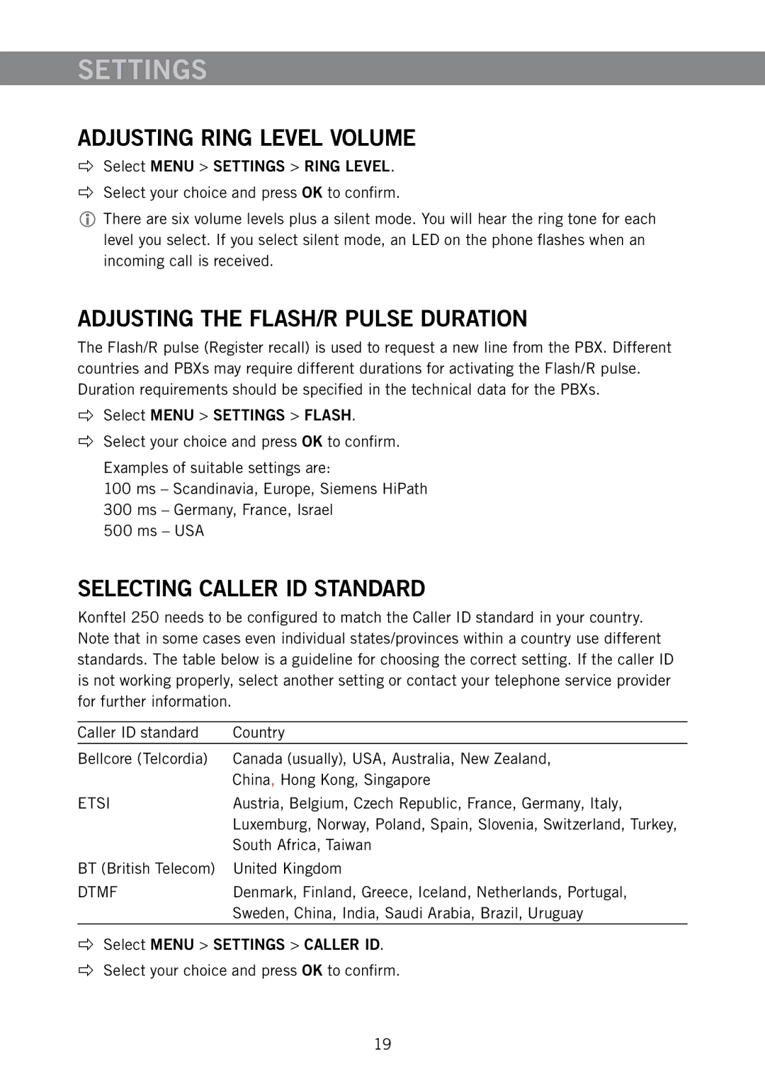 Konftel 250 Settings, Adjusting Ring Level Volume, Adjusting the FLASH/R Pulse Duration, Selecting Caller ID Standard 