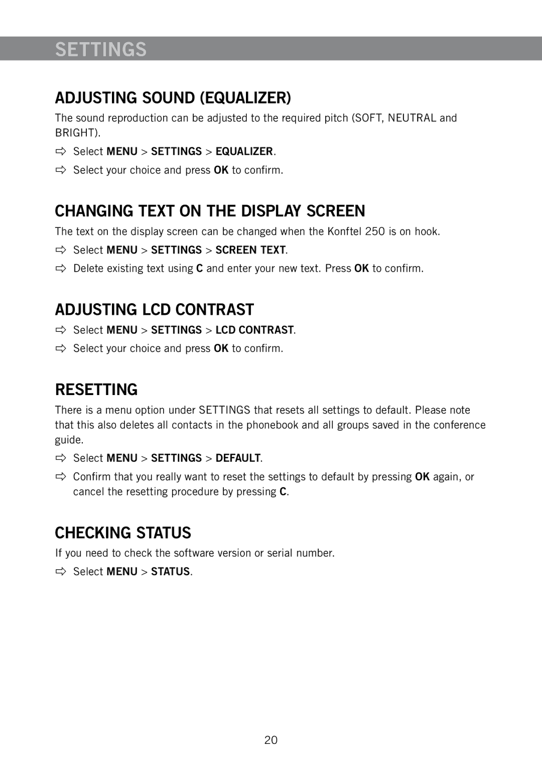 Konftel 250 manual Adjusting Sound Equalizer, Changing Text on the Display Screen, Adjusting LCD Contrast, Resetting 