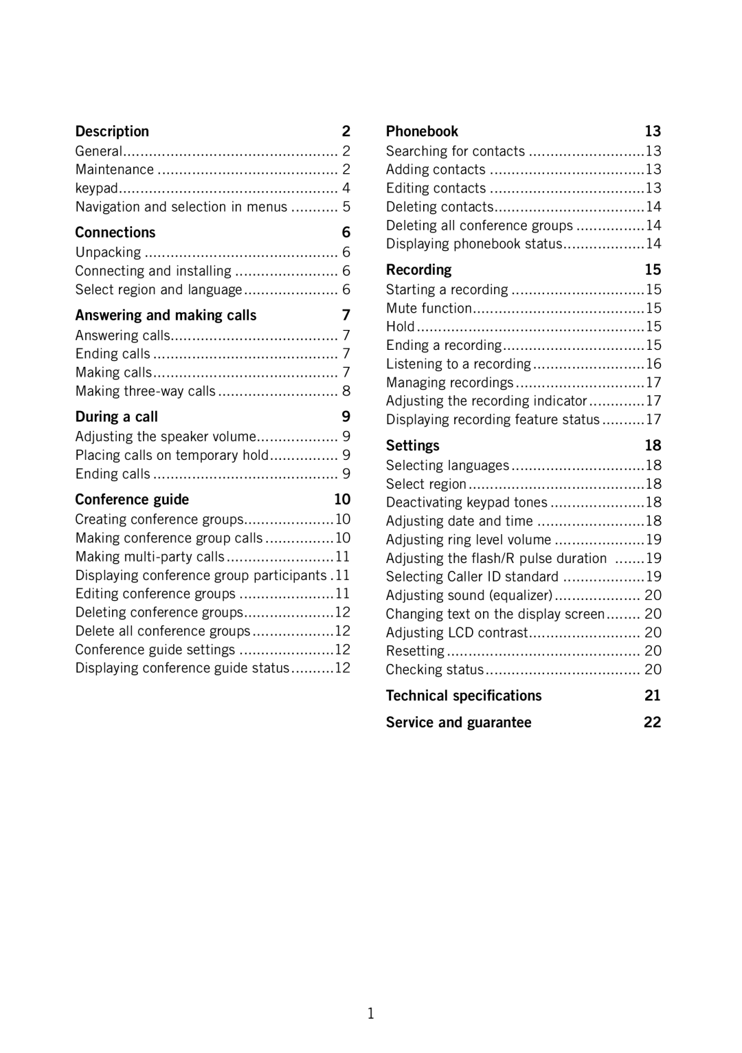 Konftel 250 manual Table of Contents 