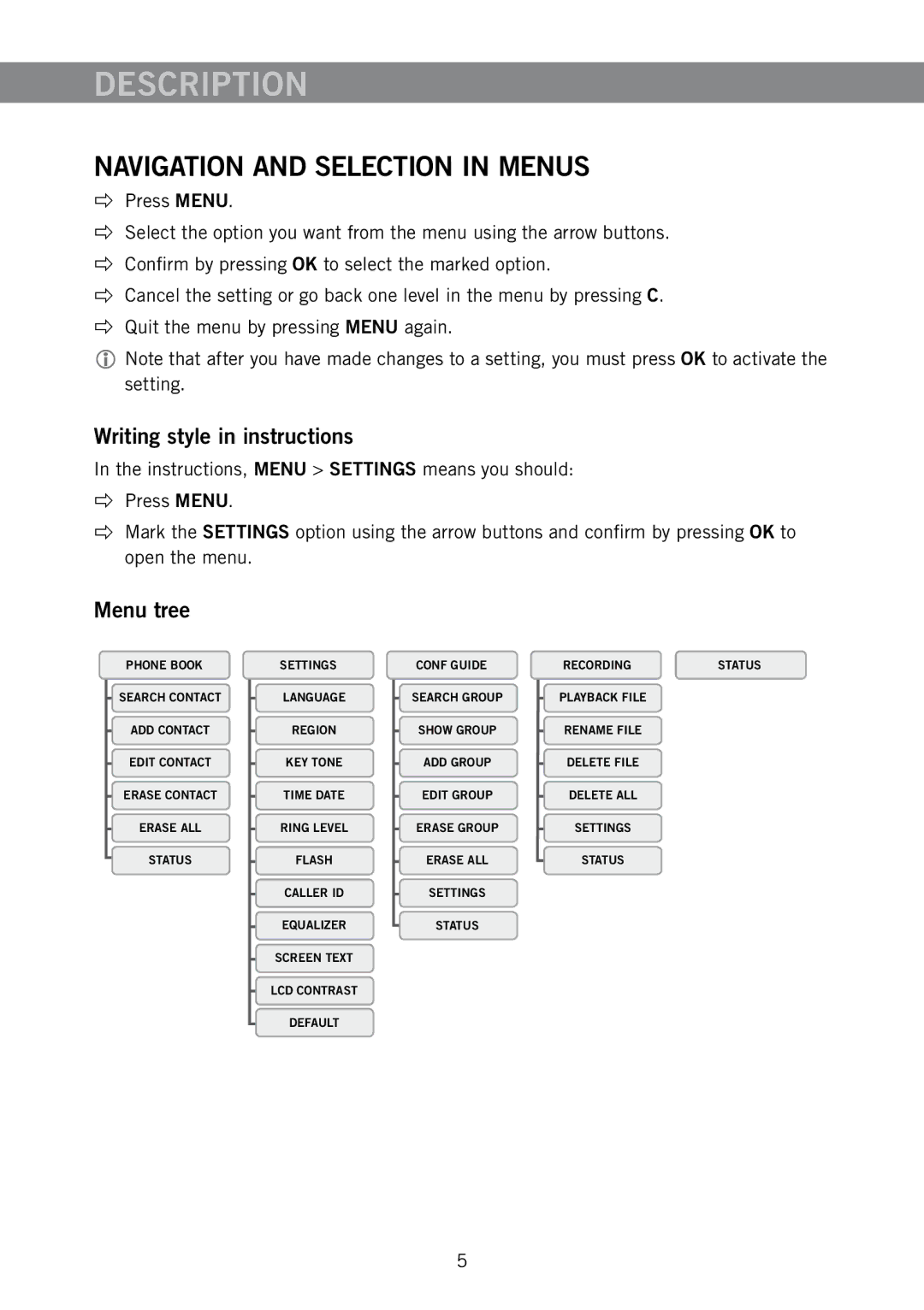 Konftel 250 manual Navigation and Selection in Menus, Writing style in instructions, Menu tree 