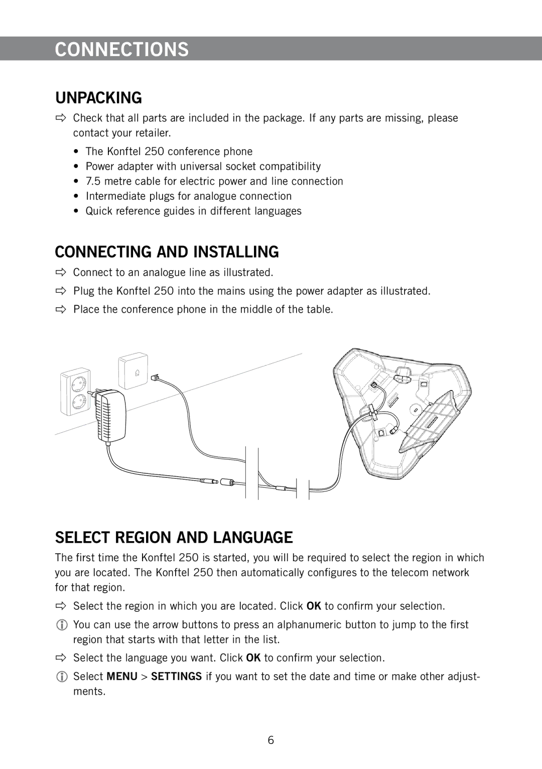 Konftel 250 manual Connections, Unpacking, Connecting and Installing, Select Region and Language 