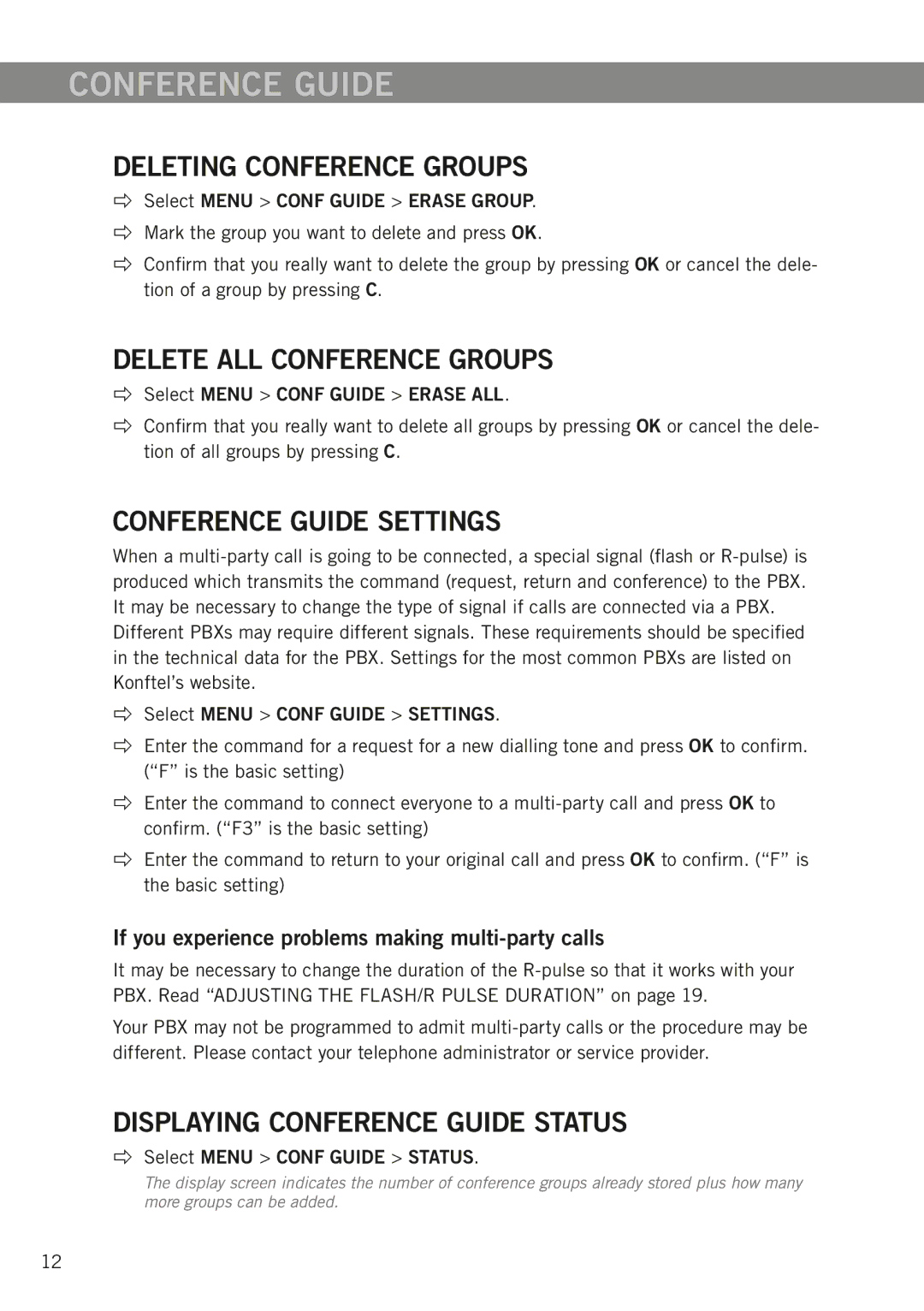 Konftel 250 manual Deleting conference groups, Delete all conference groups, Conference guide settings 