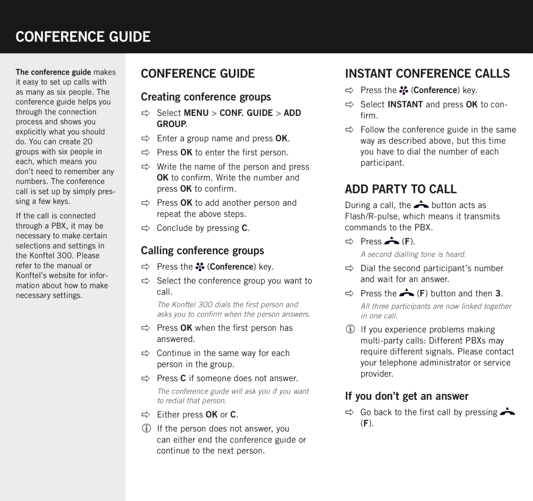 Konftel 300 manual Conference guide, Instant conference calls, Add party to call 