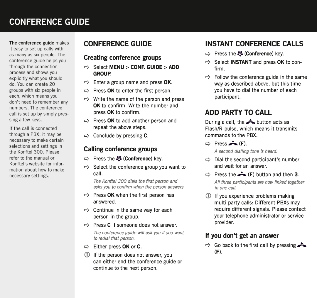 Konftel 300 conference guide, Conference guide, INSTANT conference calls, Add party to call, Creating conference groups 