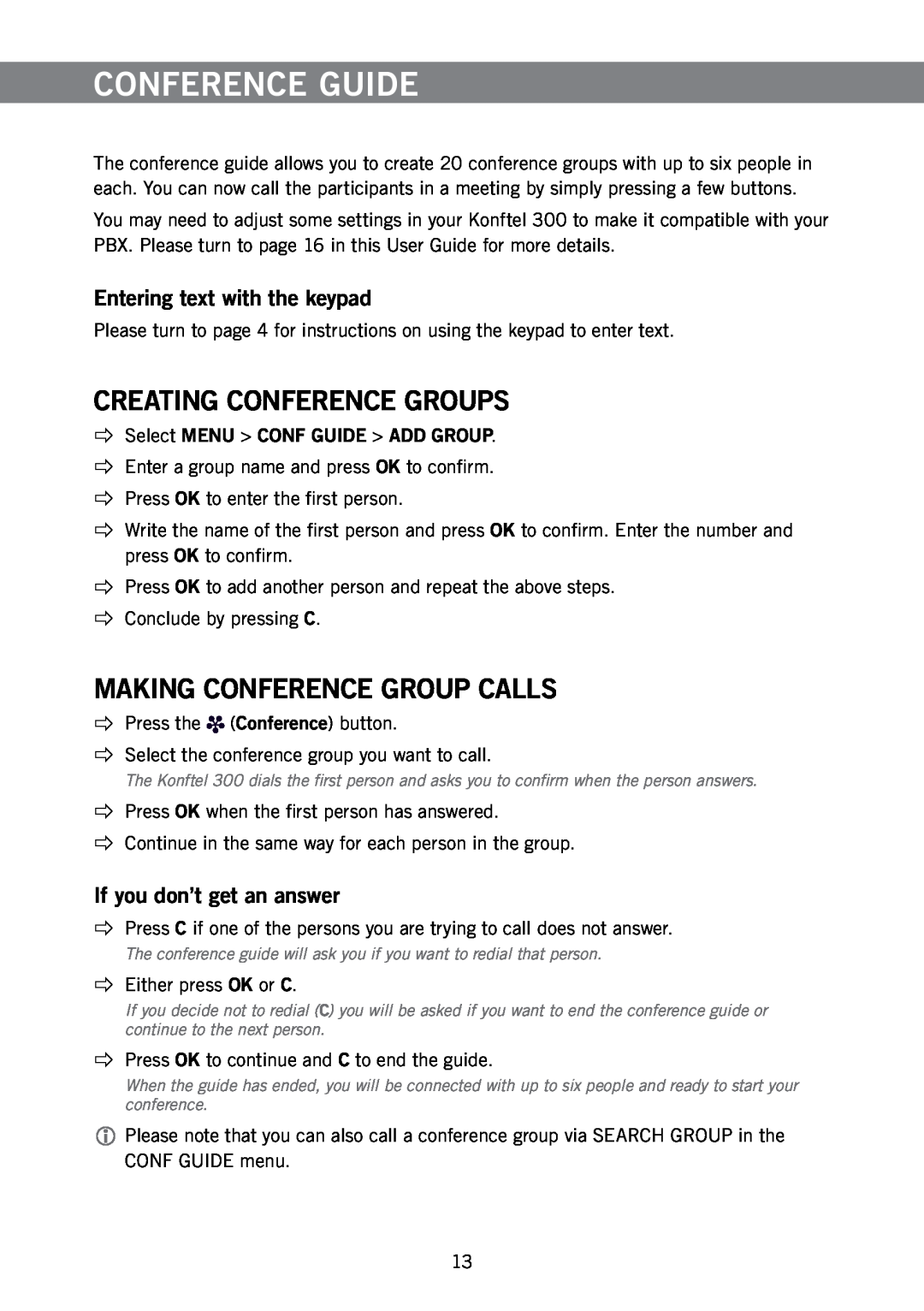 Konftel 300 Conference Guide, Creating Conference Groups, Making Conference Group Calls, Entering text with the keypad 