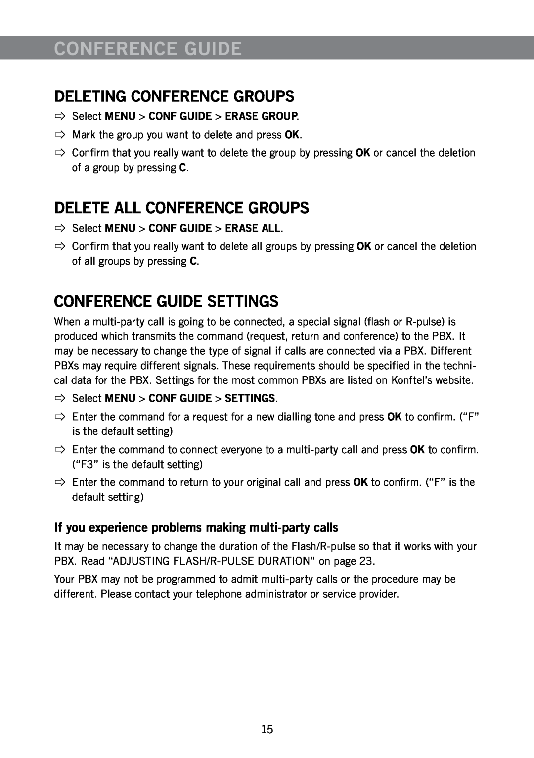 Konftel 300 manual Deleting Conference Groups, Delete All Conference Groups, Conference Guide Settings 