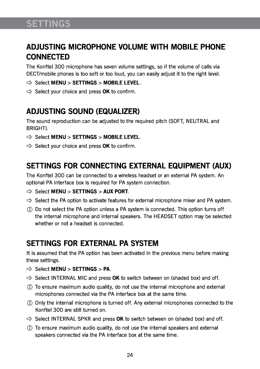Konftel 300 Adjusting Sound Equalizer, Settings For Connecting External Equipment Aux, Settings For External Pa System 