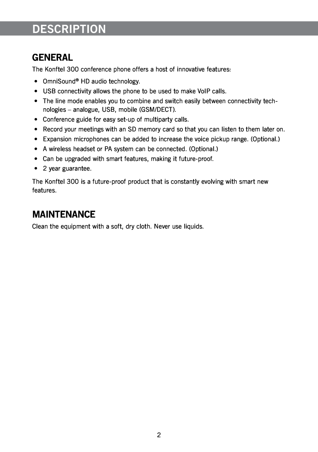 Konftel 300 manual Description, General, Maintenance 