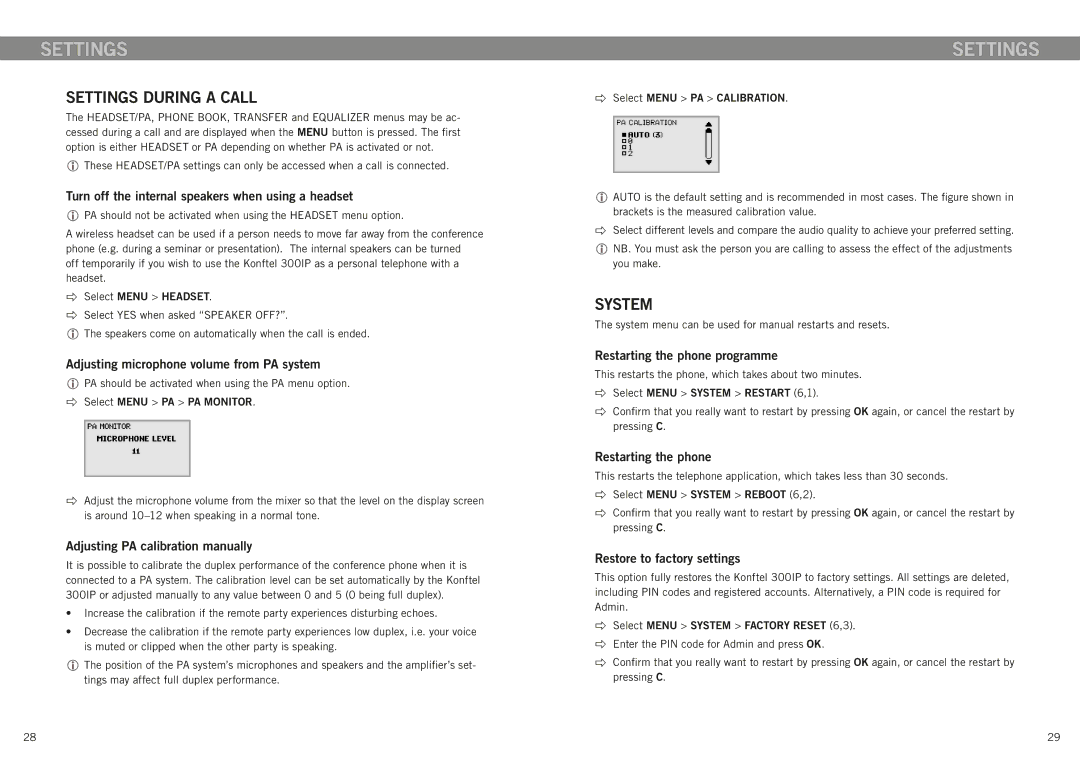 Konftel 300IP manual Settings during a call, System 