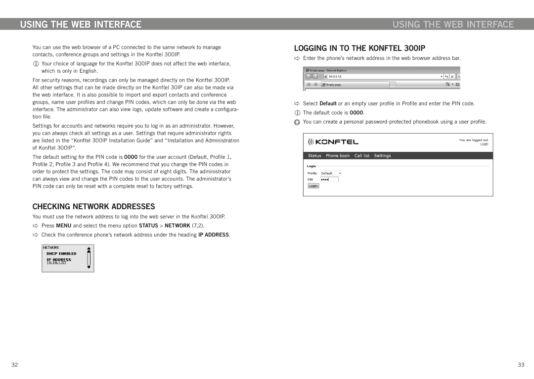 Konftel manual Using the web interface, Checking network addresses, Logging in to the Konftel 300IP 