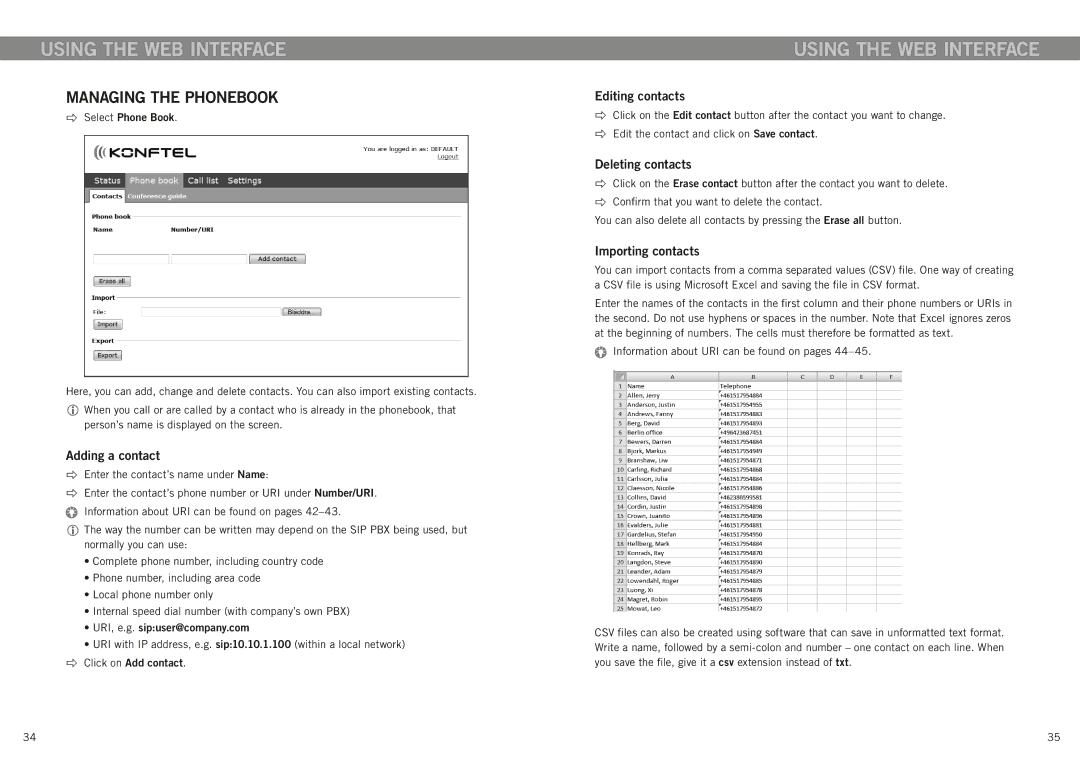 Konftel 300IP manual Managing the phonebook, Adding a contact, Editing contacts, Deleting contacts, Importing contacts 