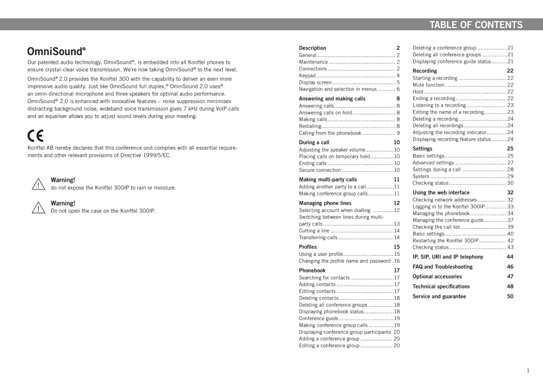 Konftel 300IP manual Table of contents 