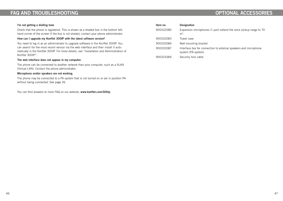 Konftel 300IP manual FAQ and Troubleshooting, Optional accessories 