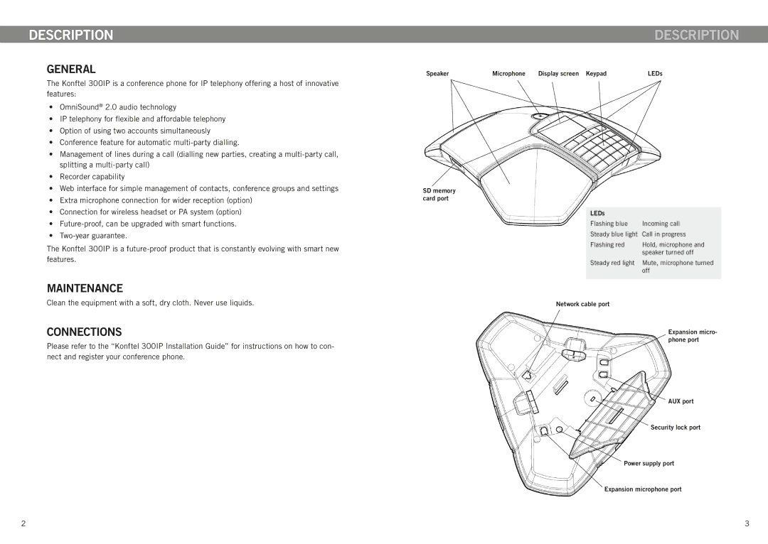 Konftel 300IP manual Description, General, Maintenance, Connections 