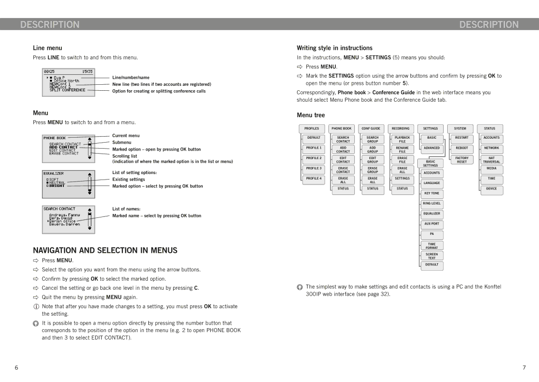 Konftel 300IP manual Navigation and selection in menus, Line menu, Writing style in instructions, Menu tree 