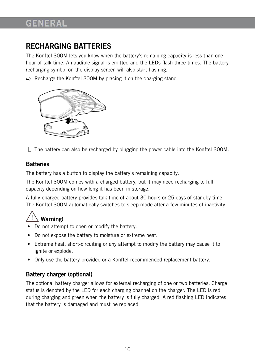 Konftel 300M manual Recharging Batteries, Battery charger optional 
