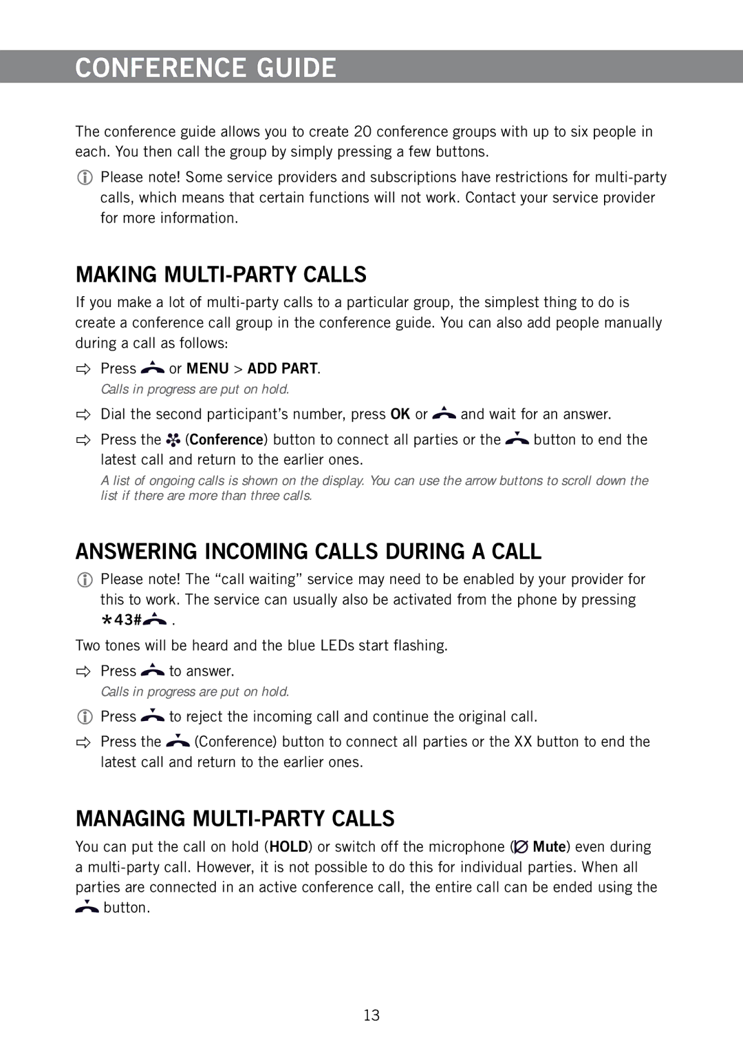 Konftel 300M manual Conference Guide, Answering Incoming Calls During a Call, Managing MULTI-PARTY Calls 