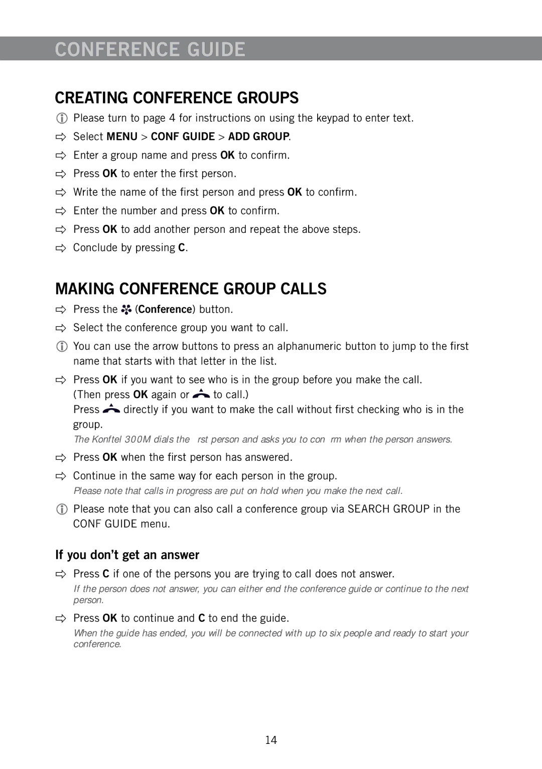 Konftel 300M manual Conference Guide, Creating Conference Groups, Making Conference Group Calls, If you don’t get an answer 