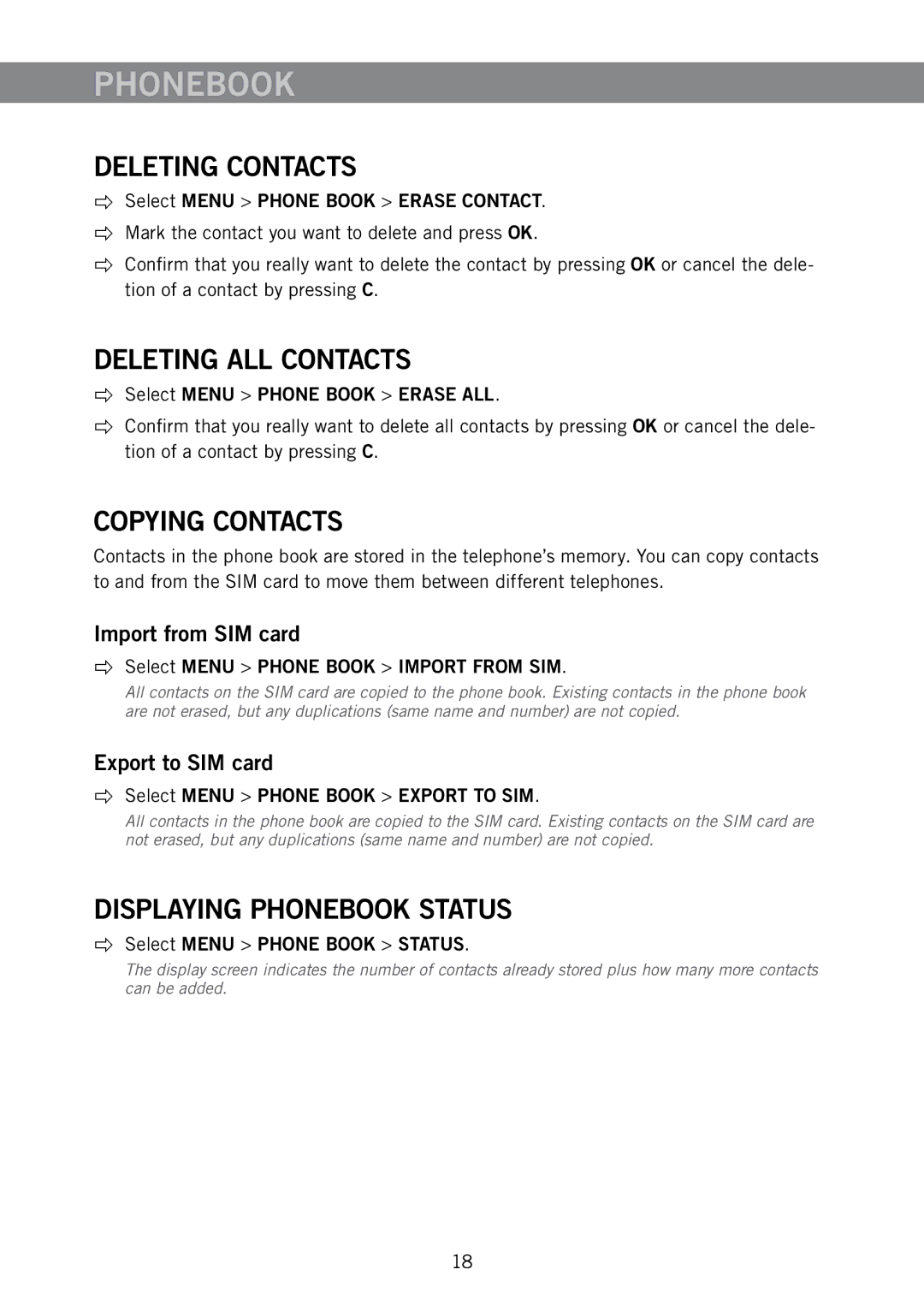 Konftel 300M manual Deleting Contacts, Deleting ALL Contacts, Copying Contacts, Displaying Phonebook Status 