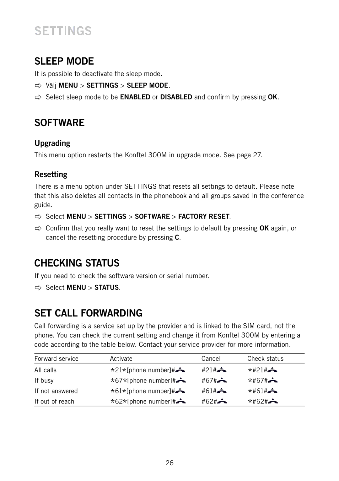 Konftel 300M manual Sleep Mode, Software, Checking Status, SET Call Forwarding 