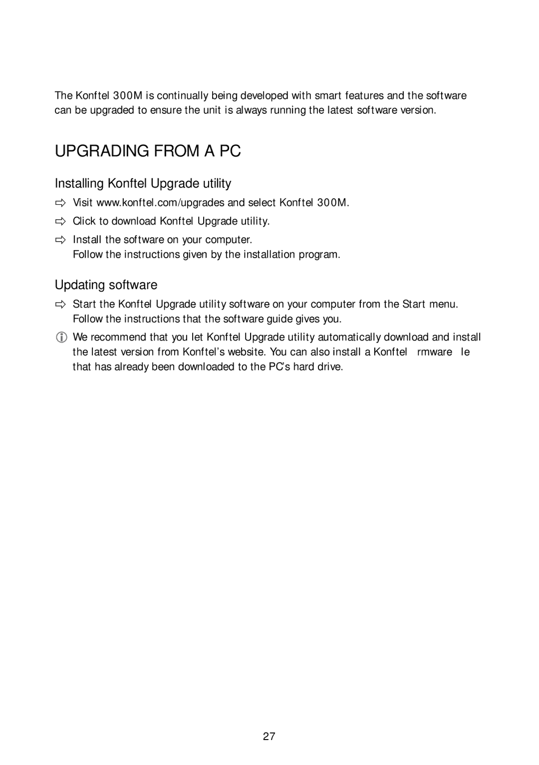 Konftel 300M manual Upgrading Software, Upgrading from a PC, Installing Konftel Upgrade utility, Updating software 