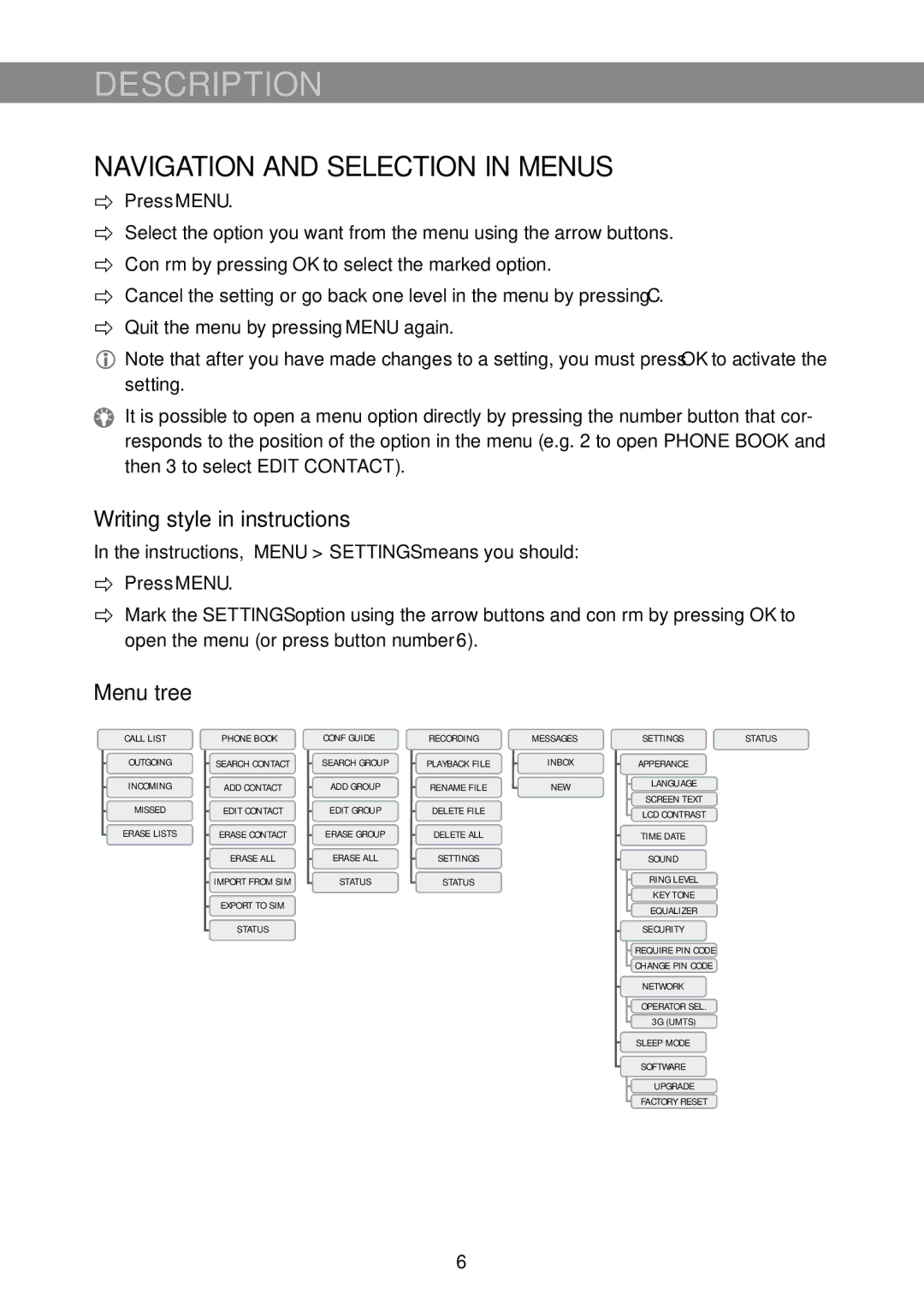 Konftel 300M manual Navigation and Selection in Menus, Writing style in instructions, Menu tree 