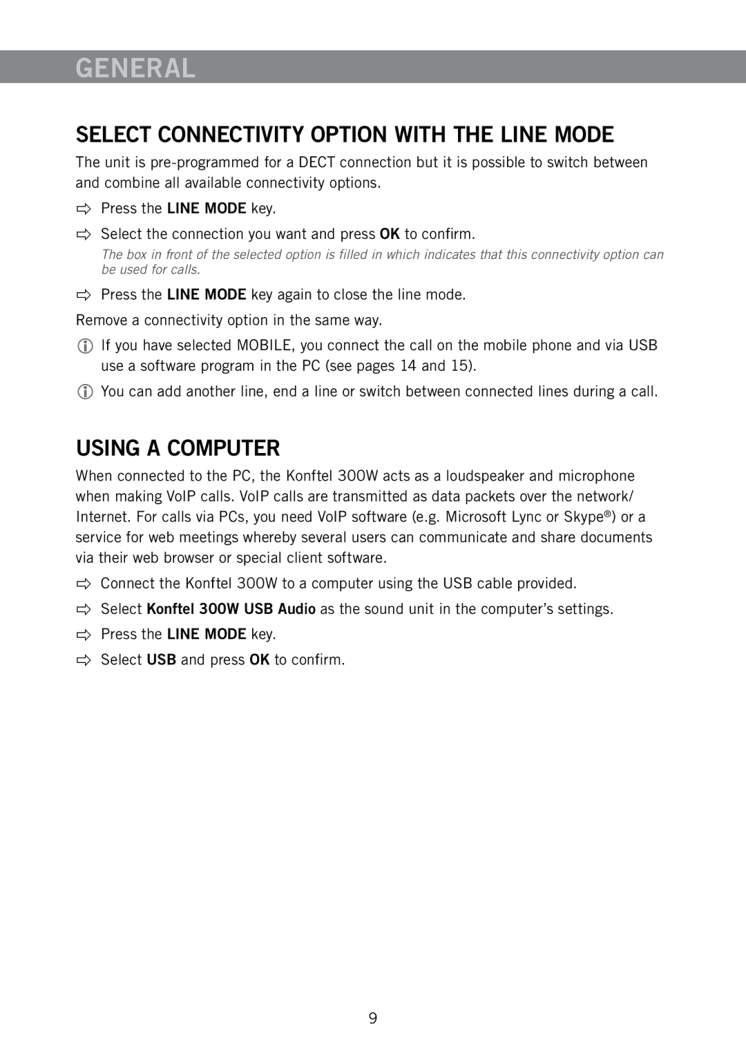 Konftel 300W manual Select Connectivity Option with the Line Mode, Using a Computer 