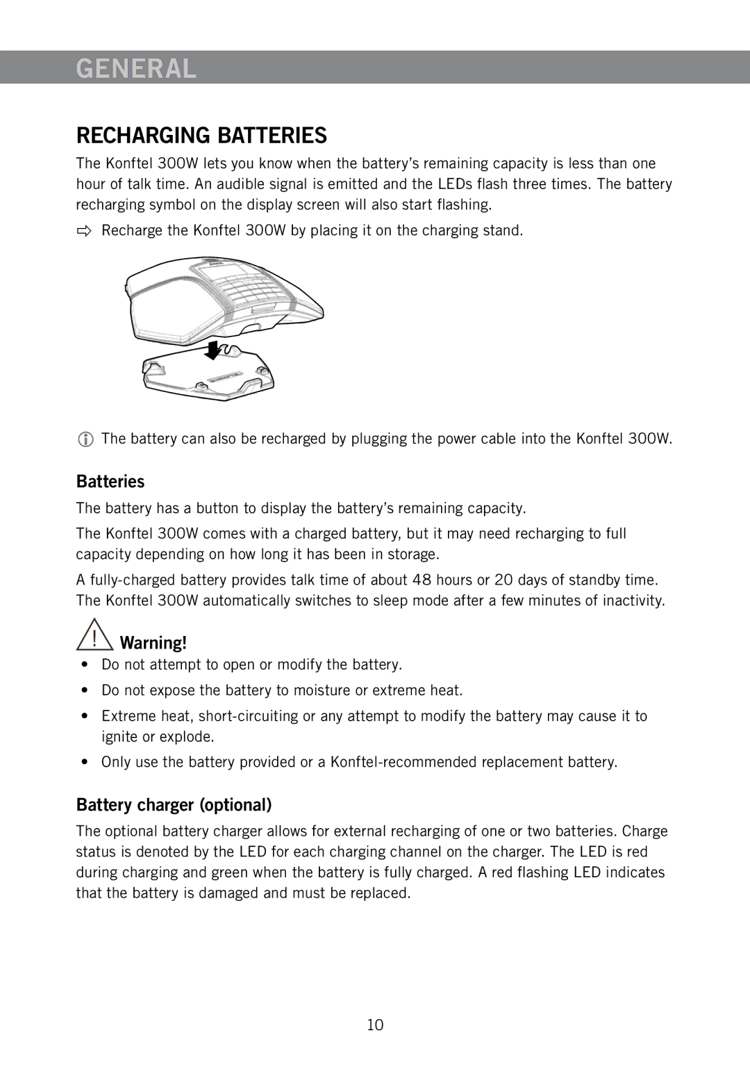 Konftel 300W manual Recharging Batteries, Battery charger optional 