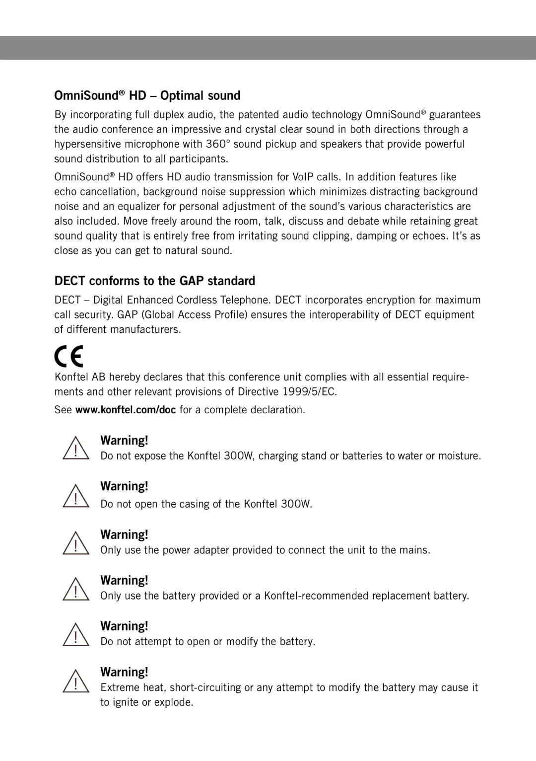 Konftel 300W manual OmniSound HD Optimal sound, Dect conforms to the GAP standard 