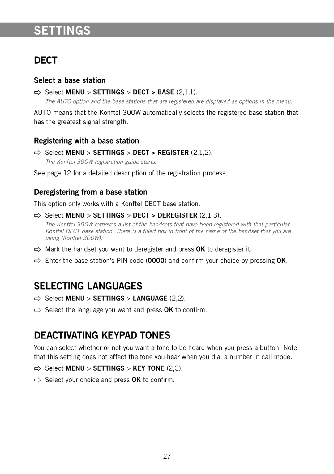 Konftel 300W manual Settings, Dect, Selecting Languages, Deactivating Keypad Tones 