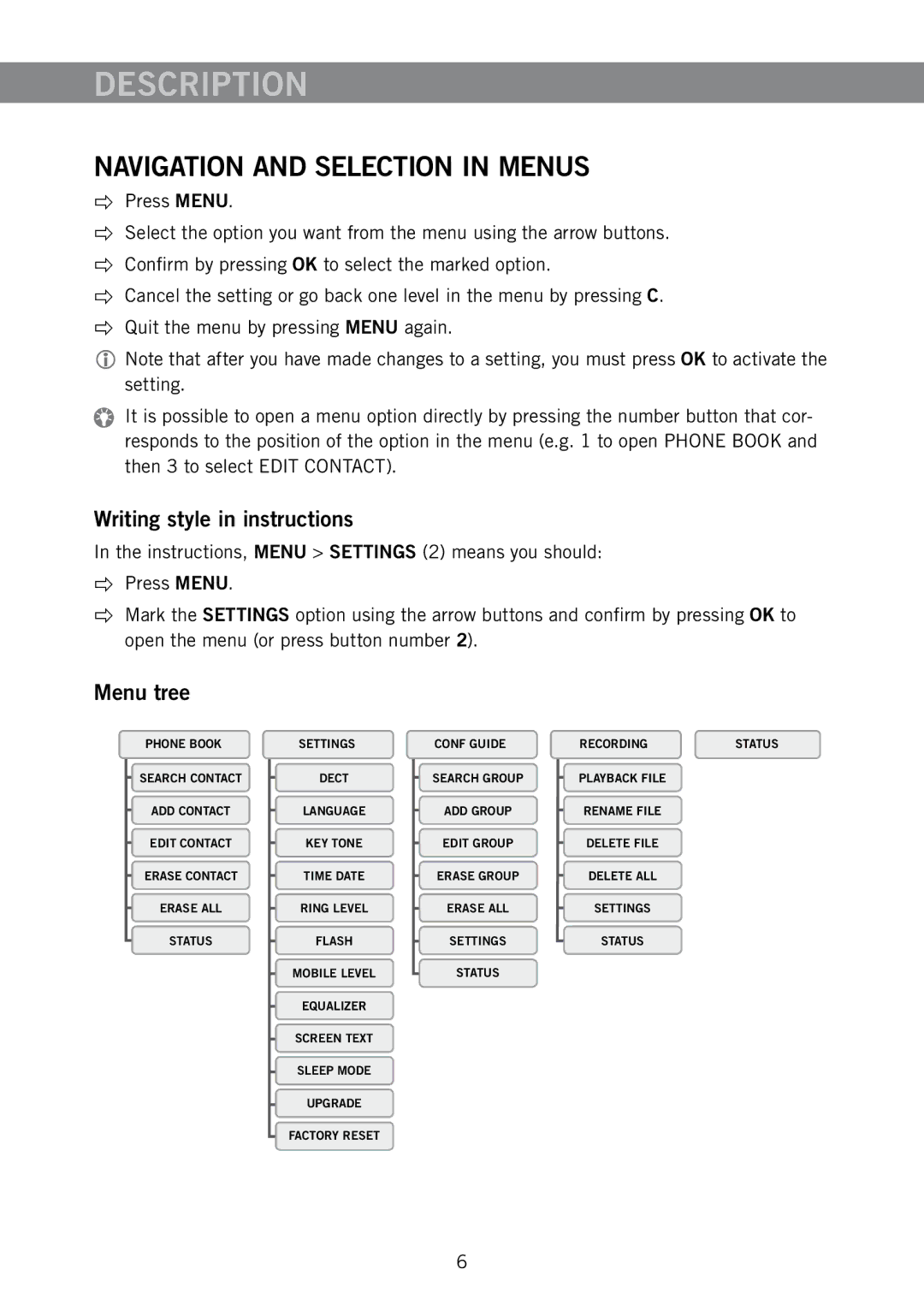 Konftel 300W manual Navigation and Selection in Menus, Writing style in instructions, Menu tree 