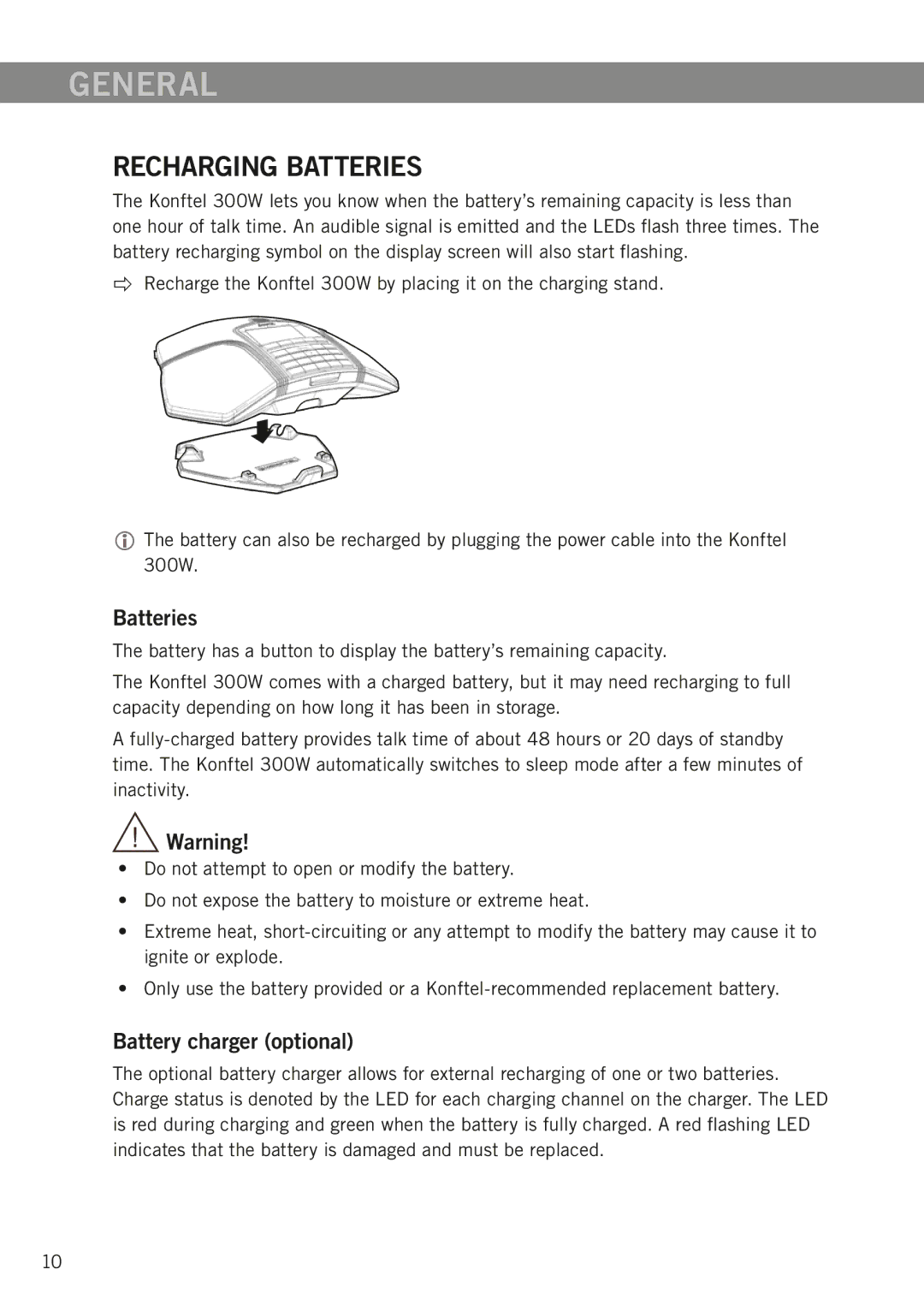 Konftel 300W manual Recharging batteries, Batteries, Battery charger optional 